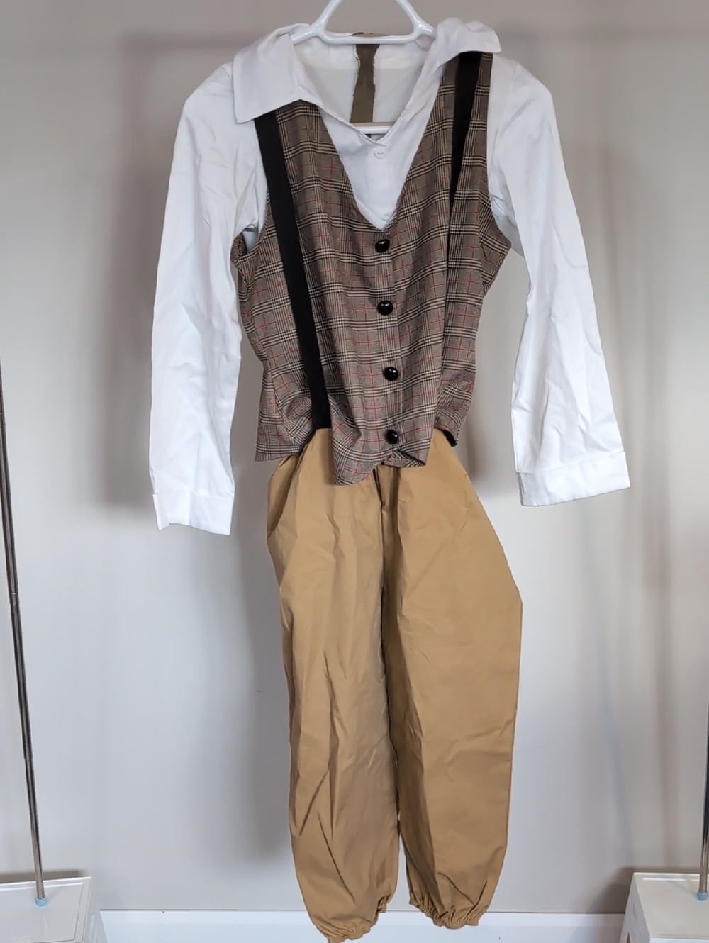 Plaid Button Vest with White Shirt & Tan Pants Set